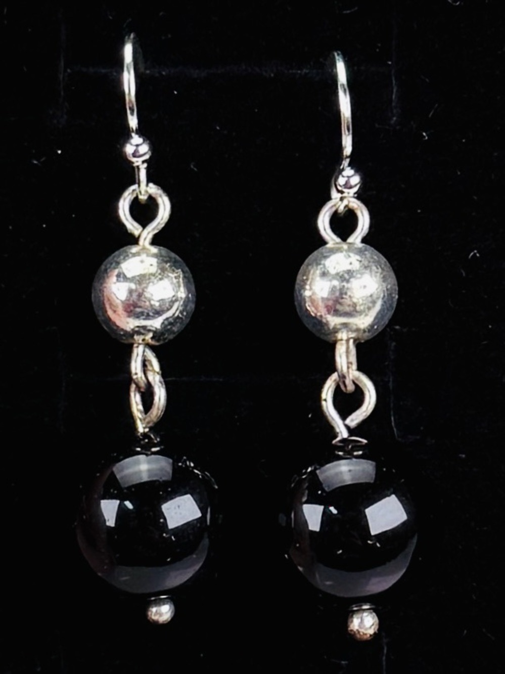 Simple Silvertone and black ball pierced dangle drop earrings